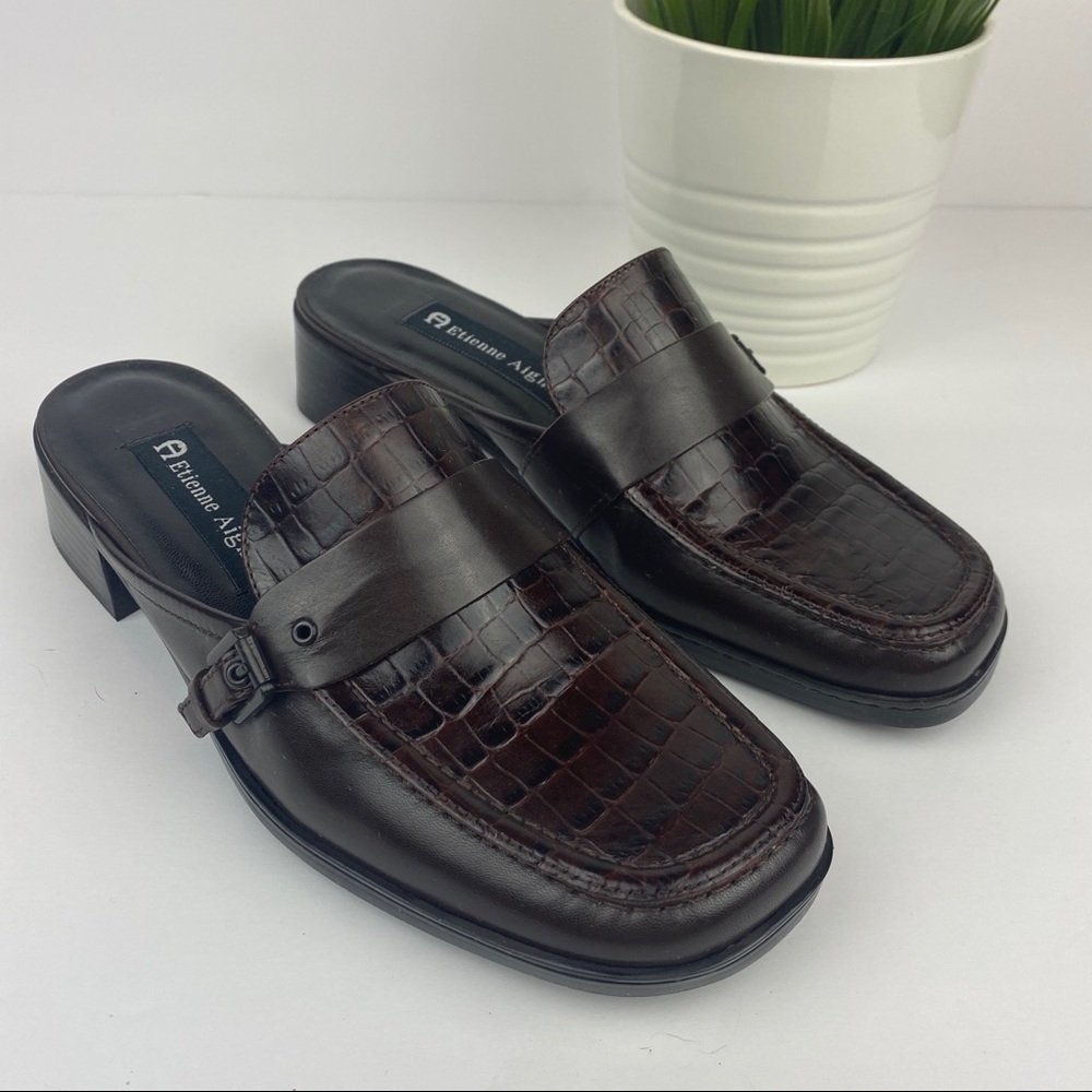 Etienne Aigner Dark Brown Croc-Embossed Leather Mule Loafers